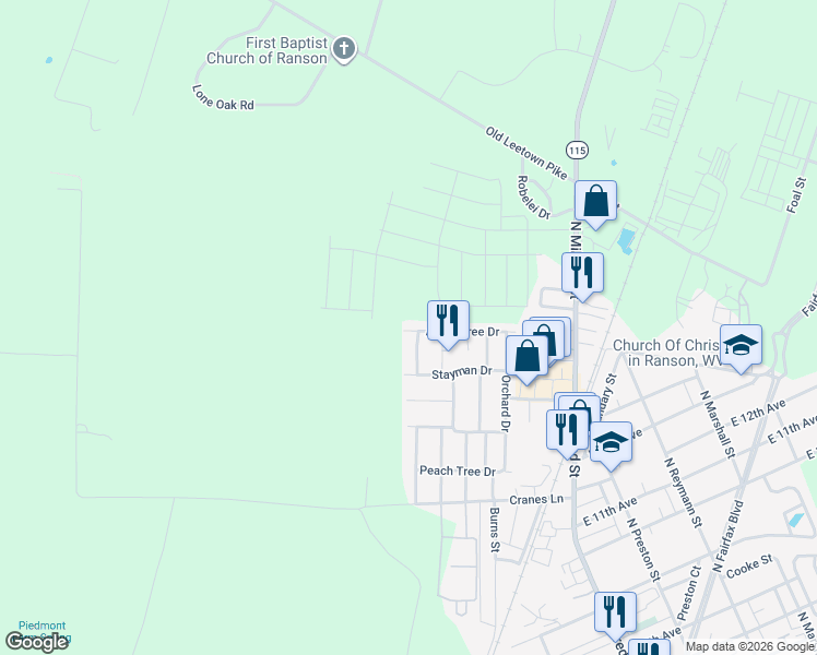 map of restaurants, bars, coffee shops, grocery stores, and more near 13 Apple Tree Drive in Ranson