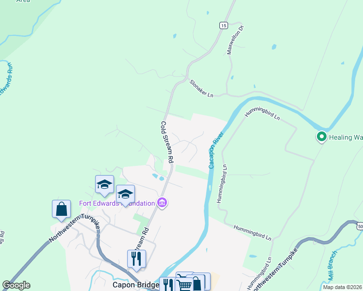 map of restaurants, bars, coffee shops, grocery stores, and more near 52 Waterview Drive in Capon Bridge