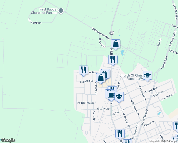 map of restaurants, bars, coffee shops, grocery stores, and more near 149 Apple Tree Drive in Ranson
