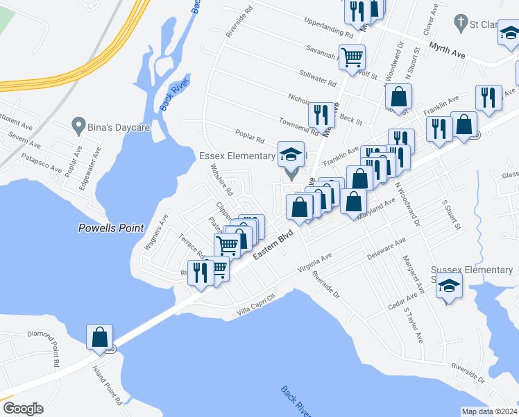 map of restaurants, bars, coffee shops, grocery stores, and more near 52 Berkshire Rd in Essex