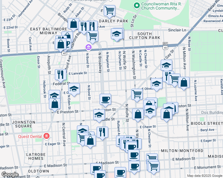 map of restaurants, bars, coffee shops, grocery stores, and more near 1722 East Oliver Street in Baltimore