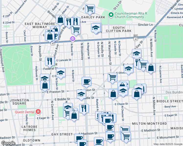 map of restaurants, bars, coffee shops, grocery stores, and more near 1722 East Oliver Street in Baltimore