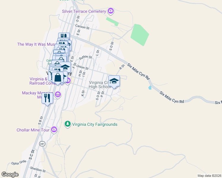 map of restaurants, bars, coffee shops, grocery stores, and more near 130 Q Street in Virginia City