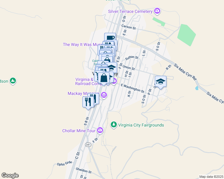map of restaurants, bars, coffee shops, grocery stores, and more near 100 F Street in Virginia City