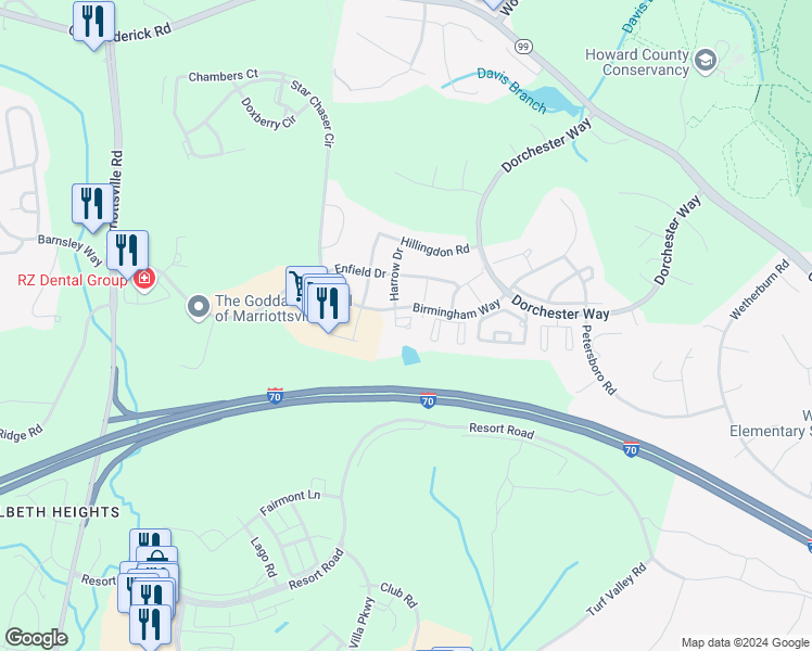 map of restaurants, bars, coffee shops, grocery stores, and more near 2113 Troon Overlook in Ellicott City
