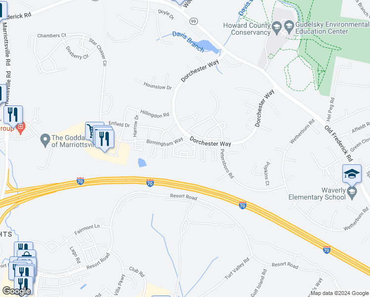 map of restaurants, bars, coffee shops, grocery stores, and more near 2100 Ganton Green in Ellicott City