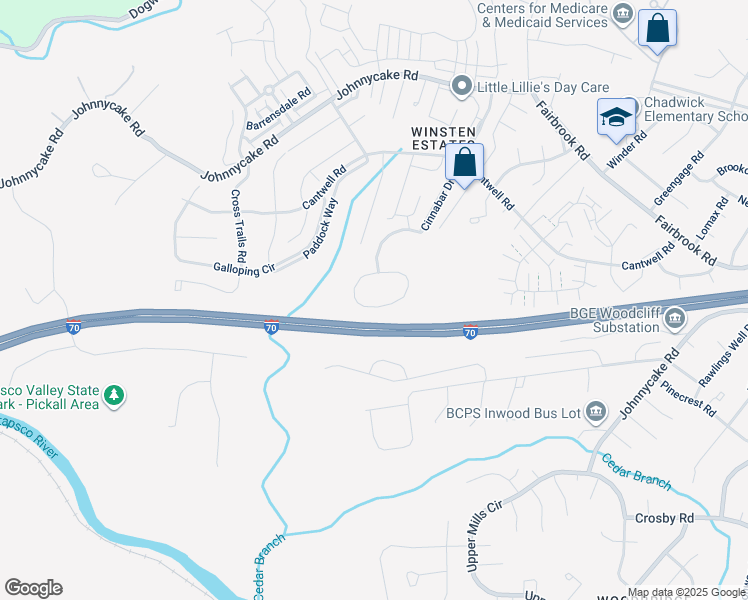 map of restaurants, bars, coffee shops, grocery stores, and more near 7602 Reserve Circle in Woodlawn