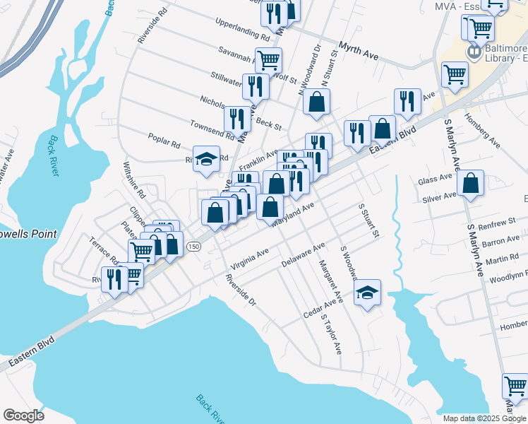 map of restaurants, bars, coffee shops, grocery stores, and more near 439 Maryland 150 in Essex