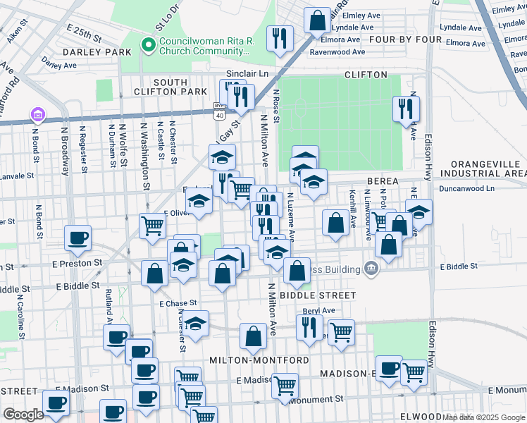 map of restaurants, bars, coffee shops, grocery stores, and more near 1438 North Milton Avenue in Baltimore