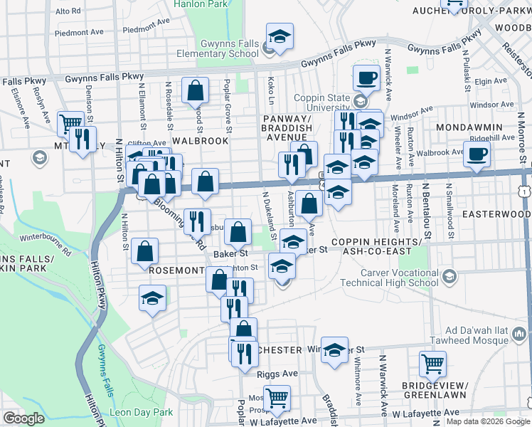 map of restaurants, bars, coffee shops, grocery stores, and more near 1722 North Dukeland Street in Baltimore