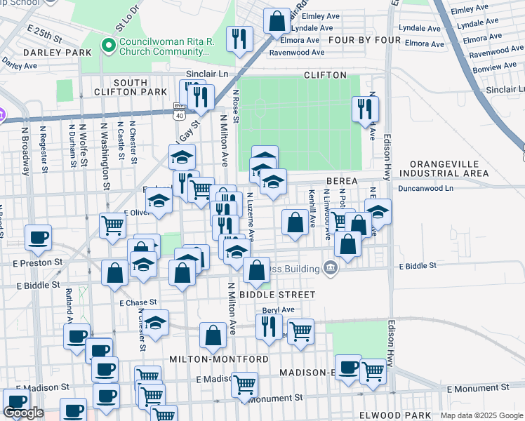 map of restaurants, bars, coffee shops, grocery stores, and more near 2613 East Oliver Street in Baltimore