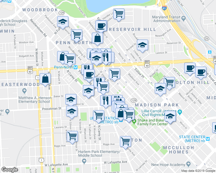 map of restaurants, bars, coffee shops, grocery stores, and more near 2117 Division Street in Baltimore