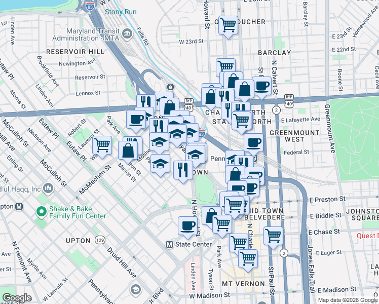 map of restaurants, bars, coffee shops, grocery stores, and more near West Mount Royal Avenue in Baltimore