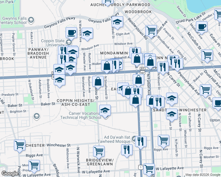map of restaurants, bars, coffee shops, grocery stores, and more near 2118 Presbury Street in Baltimore