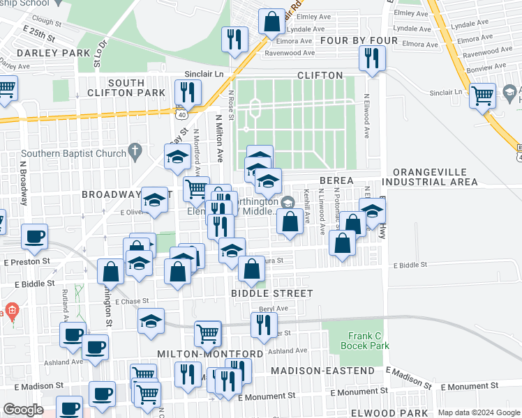 map of restaurants, bars, coffee shops, grocery stores, and more near 2621 East Oliver Street in Baltimore