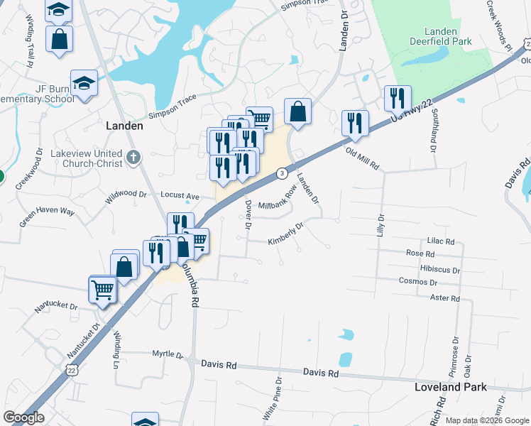 map of restaurants, bars, coffee shops, grocery stores, and more near 2952 Mossy Brink Court in Maineville