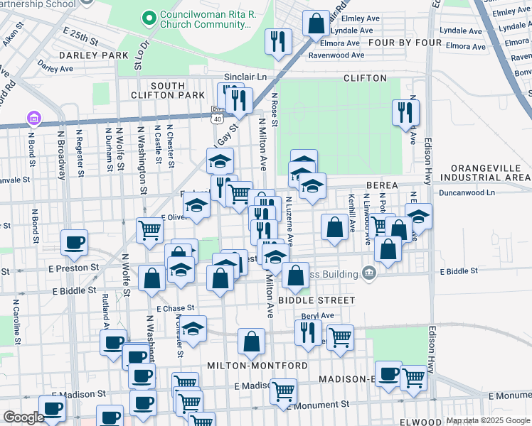 map of restaurants, bars, coffee shops, grocery stores, and more near E Oliver St & N Milton Ave in Baltimore