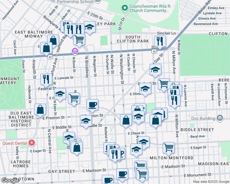 map of restaurants, bars, coffee shops, grocery stores, and more near 1513 North Wolfe Street in Baltimore