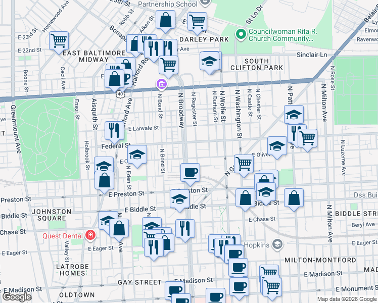 map of restaurants, bars, coffee shops, grocery stores, and more near 101 Independence Avenue Southeast in Washington