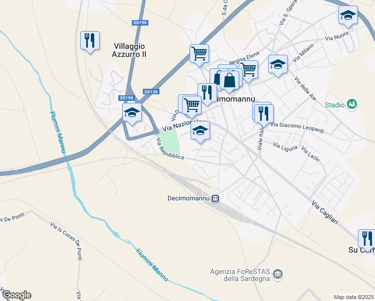 map of restaurants, bars, coffee shops, grocery stores, and more near 48 Via Ugo Foscolo in Decimomannu