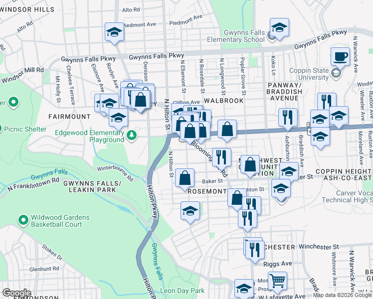 map of restaurants, bars, coffee shops, grocery stores, and more near North Ellamont Street in Baltimore
