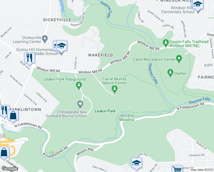 map of restaurants, bars, coffee shops, grocery stores, and more near 1901 Ridgetop Road in Baltimore