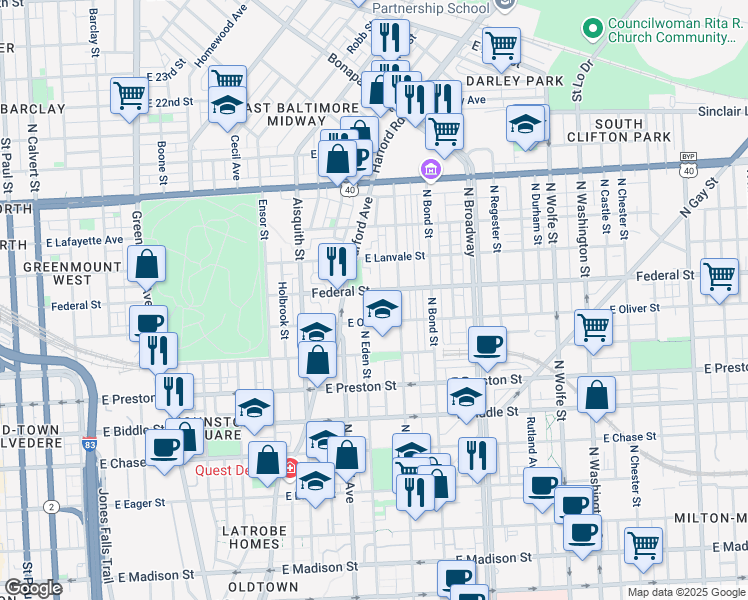 map of restaurants, bars, coffee shops, grocery stores, and more near 101 Independence Avenue Southeast in Washington