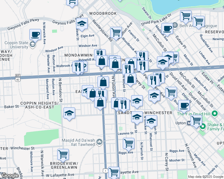map of restaurants, bars, coffee shops, grocery stores, and more near 1700 North Fulton Avenue in Baltimore