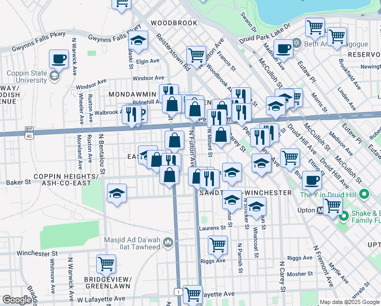 map of restaurants, bars, coffee shops, grocery stores, and more near 1700 North Fulton Avenue in Baltimore
