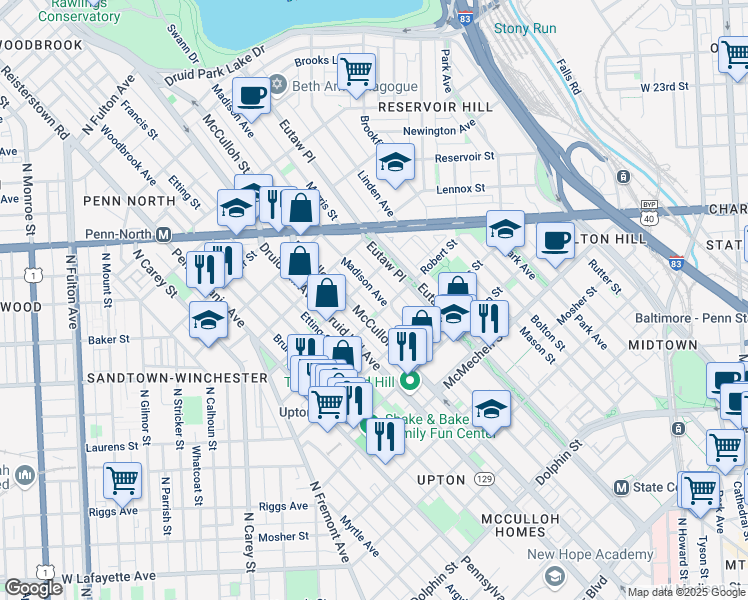 map of restaurants, bars, coffee shops, grocery stores, and more near 1912 Madison Avenue in Baltimore