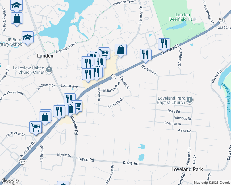 map of restaurants, bars, coffee shops, grocery stores, and more near 2887 Mossy Brink Court in Maineville