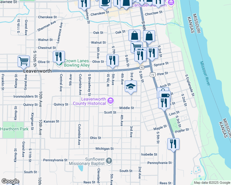 map of restaurants, bars, coffee shops, grocery stores, and more near 663 Marshall Street in Leavenworth