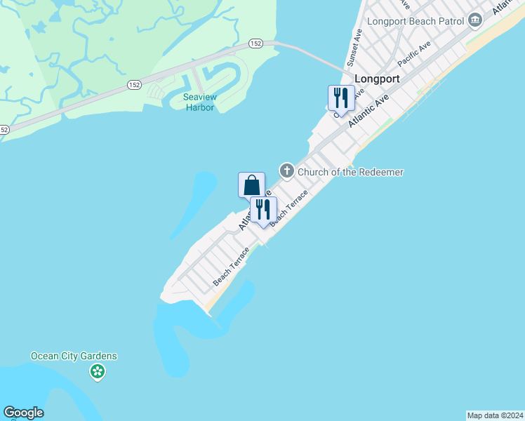 map of restaurants, bars, coffee shops, grocery stores, and more near 105 South 17th Avenue in Longport