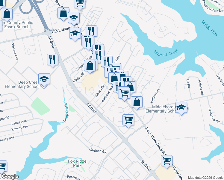 map of restaurants, bars, coffee shops, grocery stores, and more near 1581 Williams Avenue in Essex
