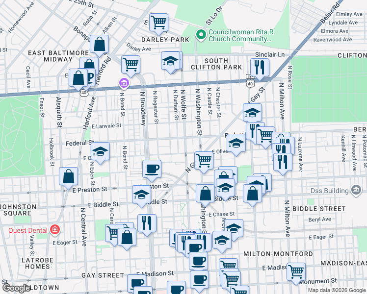 map of restaurants, bars, coffee shops, grocery stores, and more near 1518 North Wolfe Street in Baltimore