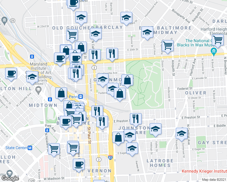 map of restaurants, bars, coffee shops, grocery stores, and more near 342 Federal Street in Baltimore