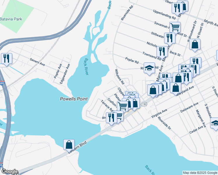 map of restaurants, bars, coffee shops, grocery stores, and more near 56 Ridgemoor Road in Essex