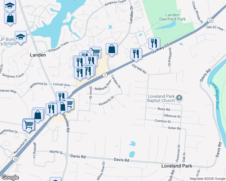 map of restaurants, bars, coffee shops, grocery stores, and more near 2887 Mossy Brink Court in Maineville