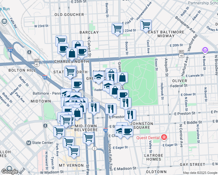 map of restaurants, bars, coffee shops, grocery stores, and more near 342 Federal Street in Baltimore