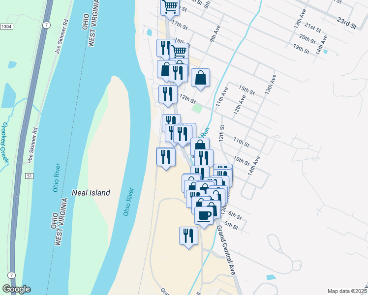 map of restaurants, bars, coffee shops, grocery stores, and more near 815 Grand Central Avenue in Vienna