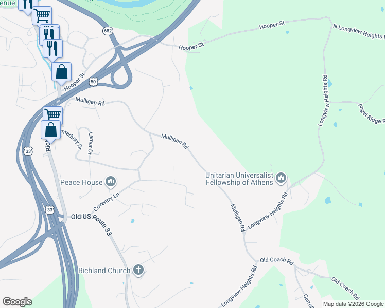 map of restaurants, bars, coffee shops, grocery stores, and more near 66 Mulligan Road in Athens
