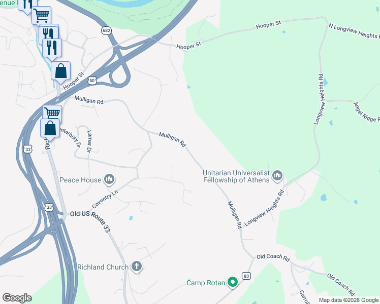 map of restaurants, bars, coffee shops, grocery stores, and more near 66 Mulligan Road in Athens