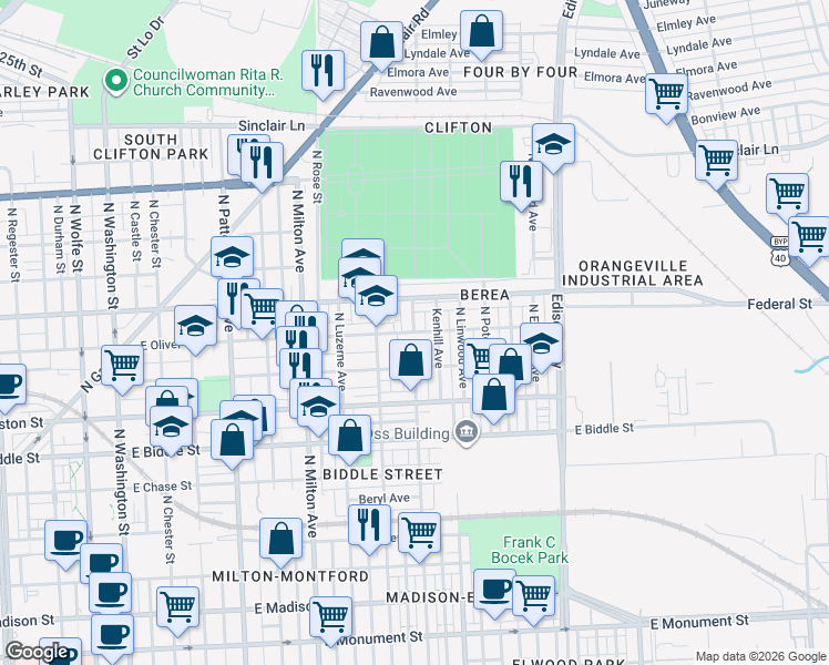 map of restaurants, bars, coffee shops, grocery stores, and more near 2799 East Oliver Street in Baltimore