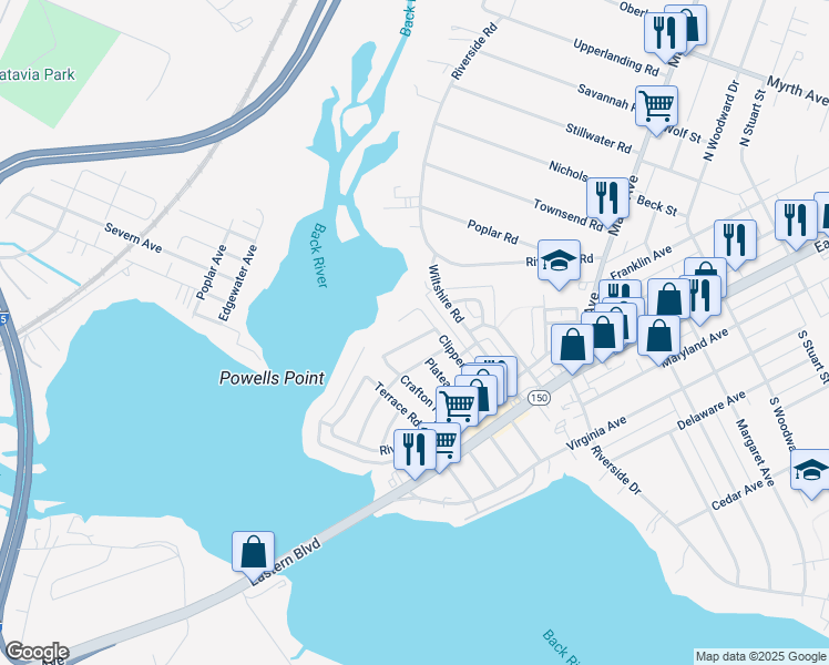 map of restaurants, bars, coffee shops, grocery stores, and more near 56 Ridgemoor Road in Essex