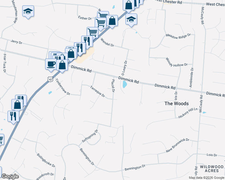 map of restaurants, bars, coffee shops, grocery stores, and more near 9681 Placid Drive in Butler County