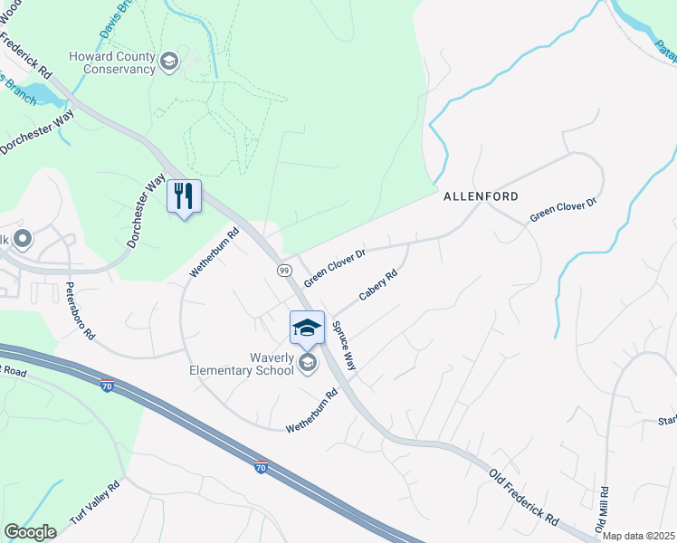 map of restaurants, bars, coffee shops, grocery stores, and more near 10225 Green Clover Drive in Ellicott City