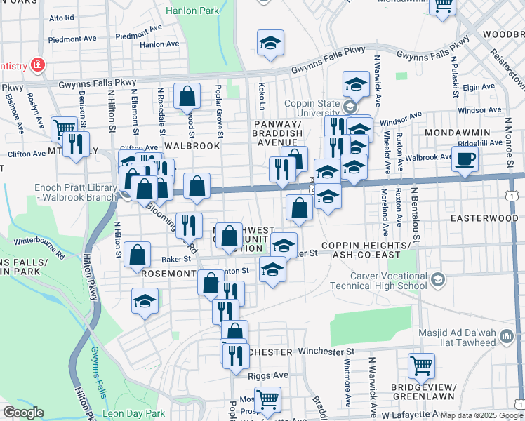 map of restaurants, bars, coffee shops, grocery stores, and more near 1709 North Dukeland Street in Baltimore