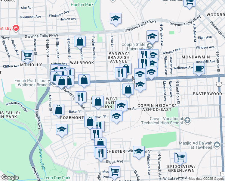 map of restaurants, bars, coffee shops, grocery stores, and more near 1709 North Dukeland Street in Baltimore