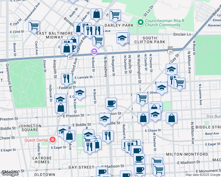 map of restaurants, bars, coffee shops, grocery stores, and more near 1529 North Broadway in Baltimore