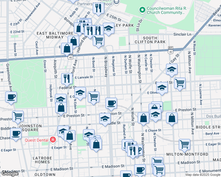 map of restaurants, bars, coffee shops, grocery stores, and more near 1529 North Broadway in Baltimore